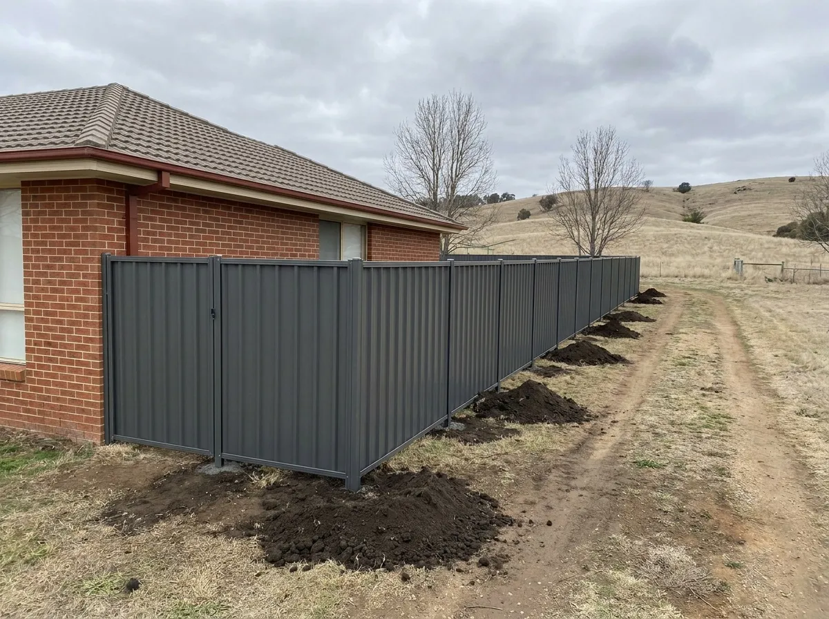 New dark grey Colorbond fence along the side of a brick home with tableland hills behind
